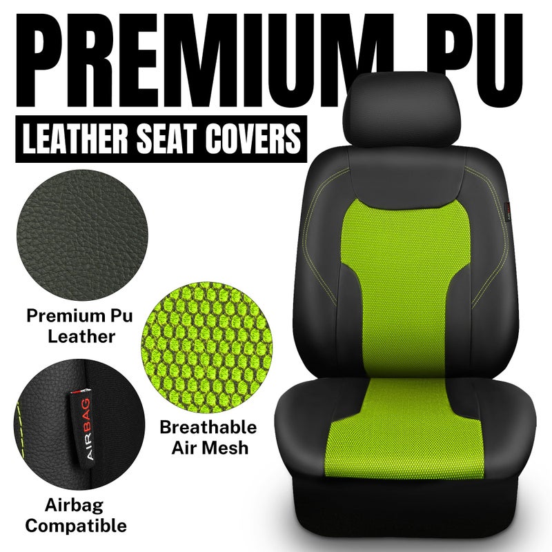 CAR-GRAND Leather Car Seat Covers Full Set, Airbag Compatible Breathable Air Mesh Car Seat Covers, Universal Fit Seat Covers Protector for Cars Trucks SUV Pick-up Sedan Interior (Black Green) - Image 2